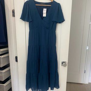 Jewel-tone blue Abercrombie dress with flutter sleeves and a side slit